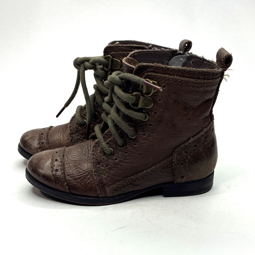ZARA Kids Brown Leather Combat Ankle Boots Lace-Up Side Zip US 8 EU 25